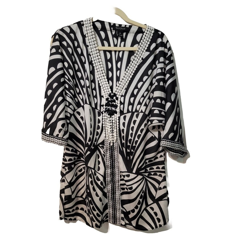 White House Black Market Abstract‎ Top Cover Up Beaded Fringe Flowy Size Medium